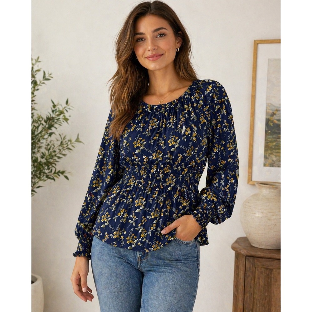 Suzanne Betro Navy Floral Smocked Peplum Blouse Plus Size 1X Long Sleeve Top